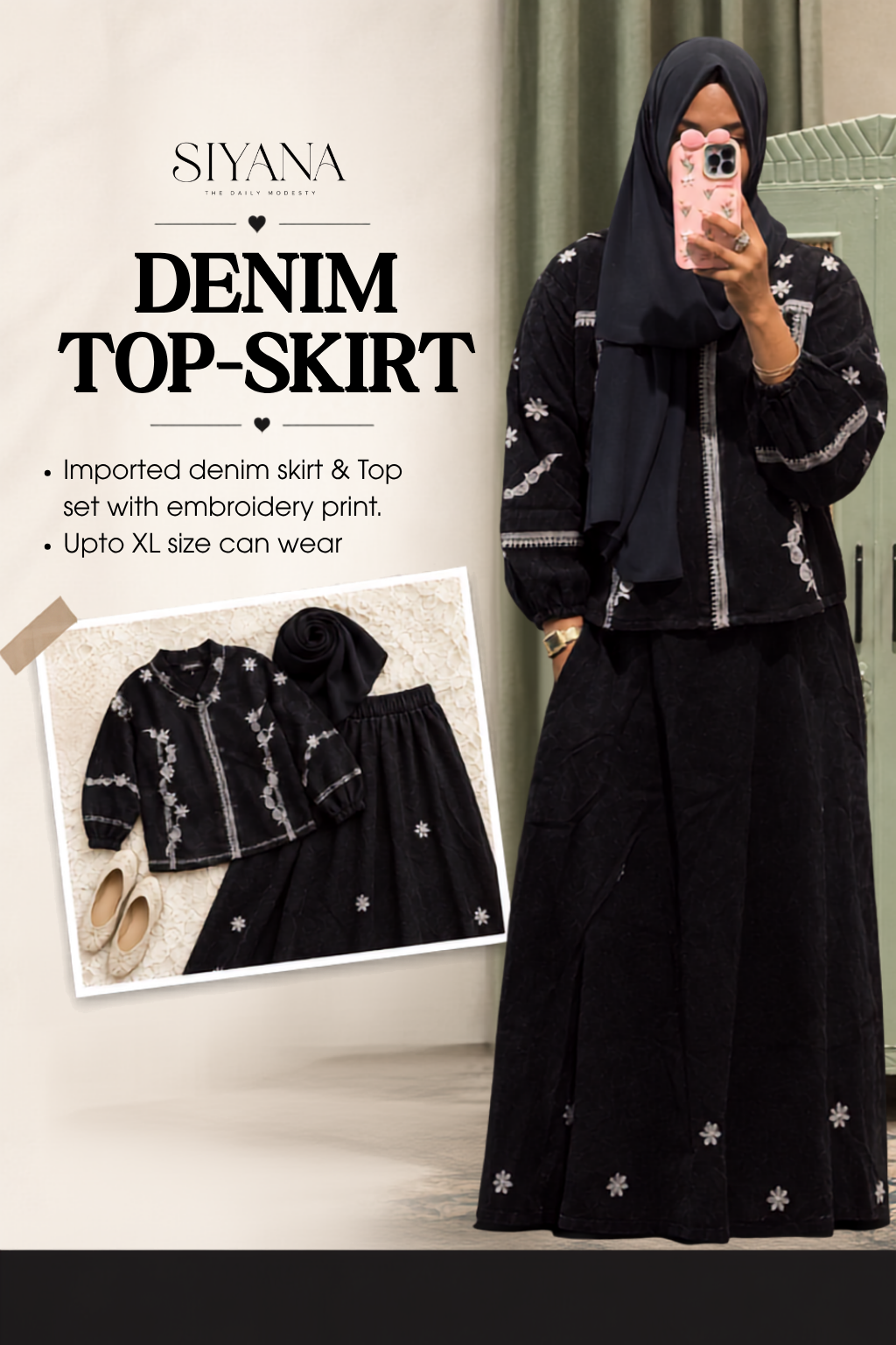 Embroidered Denim Top & Skirt Set