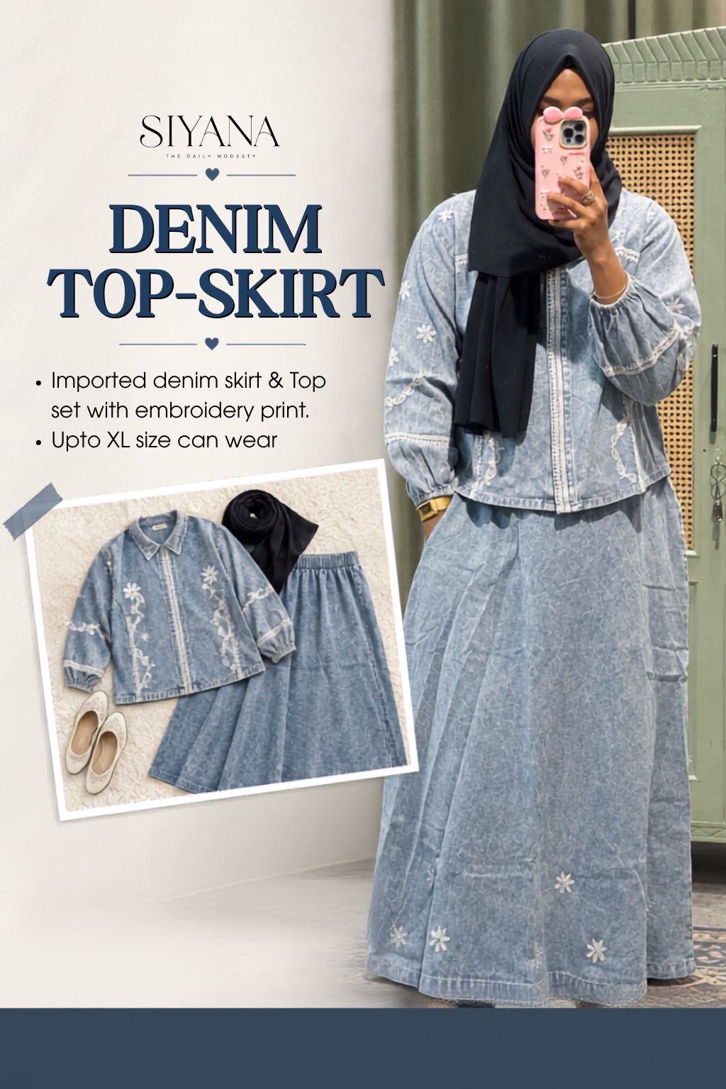 Embroidered Denim Top & Skirt Set