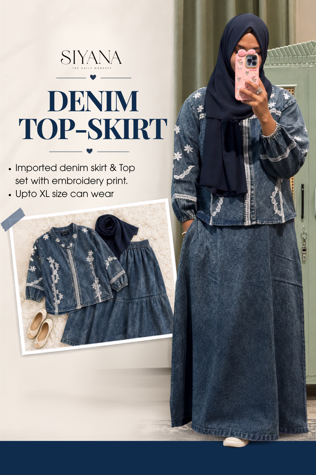 Embroidered Denim Top & Skirt Set
